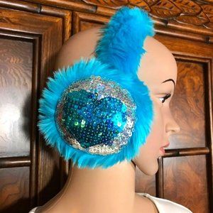 Sequin Heart Turquoise Faux Fur Earmuffs